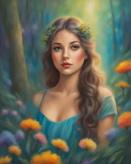 Oil pastel painting of a beautiful girl, fantasy, dream, forest, glitter background, beautiful, oil pastel painting, fantasy art, fairy, young girl, beautiful portrait painting, flowers, colorful, inspired by Thomas Kinkade, fine art, 8k