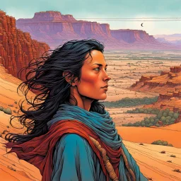 create an portrait of a nomadic shepherdess with highly detailed, finely lined feminine facial features, inhabiting an ethereal desert canyon land in the comic book style of Jean Giraud Moebius, David Hoskins, and Enki Bilal, precisely drawn, boldly inked, with vibrant colors