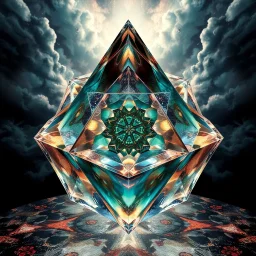 Dynamic hypnotic fractal 3D Pyramids pentagonal Symmetry and morphing between organic and geometric forms , smooth translucent iridescent glass with inner glow and bubbles, varied transparent materials, stormy skies, intense dramatic