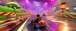 donkey kong bowling stage racing, motion blur, weird creatures, mini racing kart, fences and hills, pits and pendulums, and cranes and squids, fog, smoke, oil slick, spies, gta 4 world