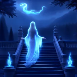 3D, a beautiful ghost on a beautiful staircase, a Patronus charm, calm, charming, flowing, glowwave, the lady by the lake, long flowing hair, ghostly, translucent, hauntingly beautiful, Modifiers: high definition