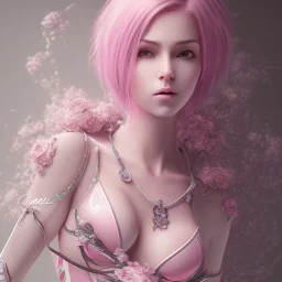  pink short hair, leaning pose, latex suit, realistic body, portrait, high lighting, intricate detail,