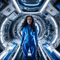 wide-angle photo of a woman in an electric blue suit, with long glowing blue wavy hair, on a space station with views into space