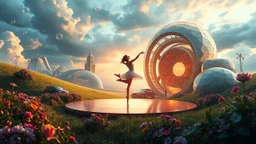 Dynamic cifi country side ,hypnotic of 3D structures Symmetry twisting and morphing between cifi plants , cifi flowers and metal geometric 3d structures buildings ,cifi cars, and an open cifi stage with a beautiful lady dancer in stage,a future pretty lady singer presenting in a big tv screen her performance in it,smooth translucent iridescent glass with inner glow and bubbles, varied transparent materials, stormy skies, intense dramatic a very beautiful ballerinais playing ballet