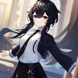 Clear focus, High resolution, short black hair, black eyes, wearing a black jacket and a white shirt, wearing a black skirt, 1girl, Genshin impact, long locks, long eyelashes, black tie