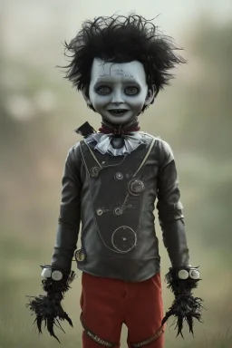 Edward scissorhands toddler, steampunk, full body, jump, bokeh, hyper realistic