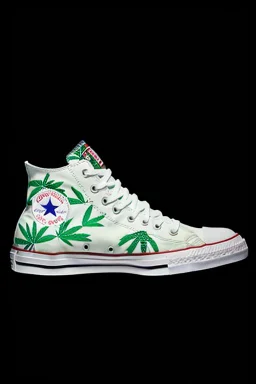 A red converse sneaker with weed leaves printed on the material, green, yellow and red colors