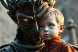 Grima and Grimas son as a child with semi transparent hypnotic kind eyes in front of statue of himself