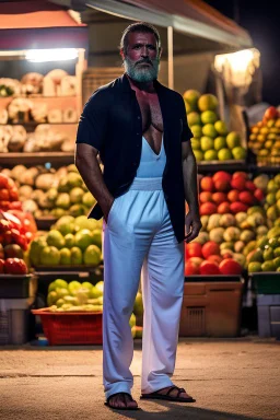 full body shot photography, turkish man at night, 53 years old with hands on the flap, manly chest, muscular strong chubby , long beard, dirty, serious, stand up on a crowded street, sells watermelons at his stall, sweat, shirtless, open legs, white pants, shaved hair, ugly, big thighs, bullneck, big shoulders, photo realistic, photographic, super detailed, hyper realistic, UHD, dim light, frontal view from the ground, ambient occlusion