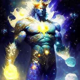 A divine being made from the combination of water and sun with cosmic powers and Dracula God-like man with infinite power who owns the galaxies and wears a beautiful crown A battle suit made of galaxies and stars with a glove that has seven endless stones with a mighty army behind him with hulk body