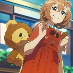 Clear focus, High resolution, a anime kid, cute, cartoony style, smiling, anime screencap, hair between eyes, holding a brown teddy bear