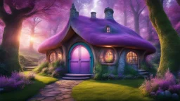 hobbit cottage in the woods surrounded by trees with fairy lights with a whimsical like feel, with pinks, blues, purple colors, circular door, circular windows, grass roof, illustration