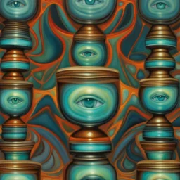 3D Shading psychedelic fluid by artist "Margaret Keane", glowing 3d symmetrical face in glass cup, larimar nacre bismuth, by artist "Shaun Tan"