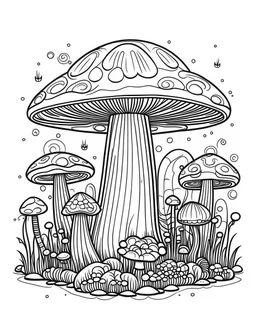 mushroom world minimalistic landscape. line art, background, vector, svg, coloring book page style, black outline on white background