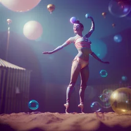 Ultra realistic circus scene. Classic acrobat woman, waist up view, Wes Anderson style, happy, bubbles, highly detailed, concept art, unreal engine 5, god rays, ray tracing, RTX, lumen lighting, ultra detail, volumetric lighting, 3d, finely drawn, high definition, high resolution.