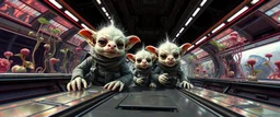 airbrush and pen outline, french art , extreme close up on cheeky fluffy weasel hairy goblin military troupe news anchor elf family on the open bridge between two space stations overfilled with weird growing wines and plants that are reflective and translucent, in the style of Escher and Giger and Fallout 4, pinhole cam, airbrush 3d rendering