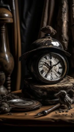 An old antique grandfather clock in the background of black vein, human veins, mixing together a lot of them, like a forest, big and small veins a lot of them, an army German helmet from ww2 sitting on an old broken table