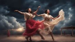 Hyper Realistic happy young-Pushto-women dancing with cloudy sky & dramatic ambiance at night