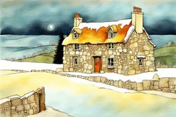 lone old stone cottage with lights on, by Frozen apocalypse " a patchwork art by Jamie heiden, peter doig, Renoir, pol Ledent, endre penovac, Gustave Loiseau, Arthur Rackham, Doug Chinnery, Maud Lewis. inlay, watercolors and ink, beautiful, fantastic view, extremely detailed, intricate, best quality, highest definition, rich colours. intricate beautiful dynamic lighting award winning fantastic view ultra detailed 4K 3D high definition hdr elegant intricate beautiful award winning fantastic view