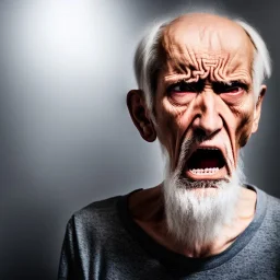 skinny old man, angry, looking at the camera