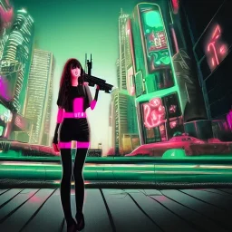 princess girl pointing gun, cute, metal skin, neon eyes, red lips, on her keen, menacing, cyberpunk city in background, realistic, 4k