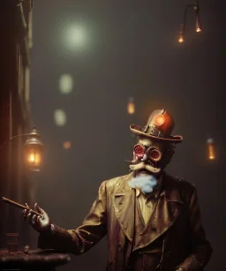 Surreal, steampunk, cabaret scene. Russian old man. Sweat, rain, smoking, happy, hot, people background, highly detailed, concept art, unreal engine 5, god rays, ray tracing, RTX, lumen lighting, ultra detail, volumetric lighting, 3d, finely drawn, high definition, high resolution.