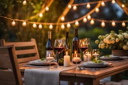 in the nice garden Cozy outdoor dining scene, on the table are lit candles, a bottle wine with two wineglasses, warm and inviting ambiance. in the distance plants, flowers, trees, summer night, high detailed, masterpiece