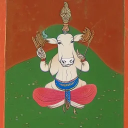 cow with hands and wings holding a lotus and sword in Indian painting style