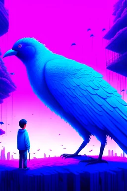 giant blu bird pecking small man in the metaverse style of beeple