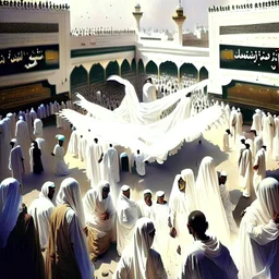 The scene in Mecca: People wearing white Ihram clothes, men without head coverings, women with veils, circumambulating around the Kaaba, and above them are transparent white spirits of children, men, and women with wings revolving around the Kaaba.