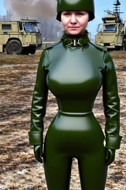 Russian military girl. Caput, head is heavily armed with old-fashioned cameras. Army green surfaces body, latex. Perfect body, thick thighs and calves. simple face. Wide hip, skirt bleats nicely. Asa Akira. Partly symmetrical. Straitjacket. Rusty and decayed background. Steam-plunge air-bottles. Euclidean 3D-tiling walls. 5th dimensional surface structures. Oppressive atmosphere