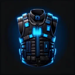 bulletproof vest, black background, blue, cyberpunk style, video game icon