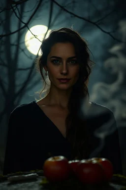 Ultra realistic cinematic portrait of a woman facing the viewer with a gentle, confident, and inviting expression. She stands in a moonlit grove at night, with a soft full moon visible through branches behind her. Mist moves slowly through the air, creating the feeling of a thinning veil. A few red apples rest on a stone or mossy surface near the edge of the frame, slightly blurred but visibly symbolic. Subtle smoke or incense trails rise in the background, as if from a quiet ritual fire. Warm l