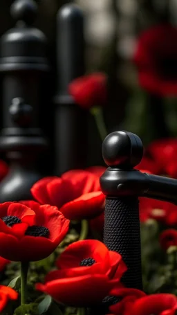 A small wooden hammer near a black pistol, red lipstick in a dark garden filled with red poppies.Cinematic and realistic image