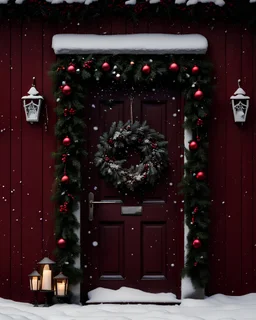 Christmas wreath on the door of the house surrounded by falling snowflakes