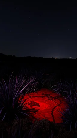 A garden with water of a red water in it a dark purple grass randomly in a starry dark night with dim lights in distance, great quality photo , cinematic and 8k photography