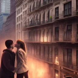 a man and a woman screaming at each other on a balcony, downtown new york, dramatic, dramatic lighting, volumetric lighting, hyperrealism, 8k, high quality, photorealistic, lot of details