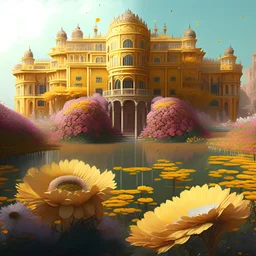 A very large palace made of flowers with a yellow river