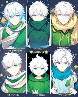 Young boy aged 14, determined, has white hair, wears a green t-shirt with yellow stripes, wears a scarf with the colors of the rainbow, He is sad but looks ahead with a determined look, has light blue eyes, stars behind the character, and a colorful aura.