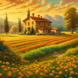 painting of a house in a field of flowers, inspired by Guido Borelli da Caluso, yellow hue, dotart, dragan bibin, fantasy italy, golden colour, jingna zhang, golden hour, perfect Wide long shot visual by @challenge2pt masterpiece.