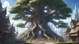 anime final fantasy artwork style, Highly detailed, Giant tree, gorgeous shiny crystal tree Yggdrasil, at the bottom medieval fantasy city