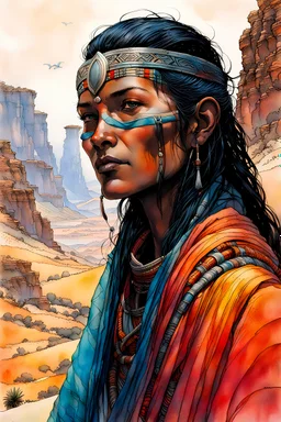 create an ink wash and watercolor portrait of a nomadic tribal shepherdess with highly detailed, delicate feminine facial features, inhabiting an ethereal tropical canyon land in the comic book style of Jean Giraud Moebius, David Hoskins, and Enki Bilal, precisely drawn, boldly inked, with vibrant colors