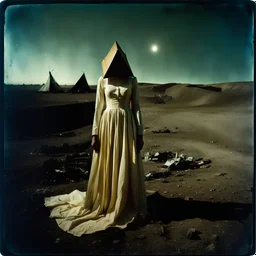 Photorealistic polaroid nothingness and distress, wooden void, wasteland night Max Ernst Hieronymus Bosch, volumetric light, shot on Hasselblad, movie shot, details of the dress accentuated, nightmare, hypermaximalist