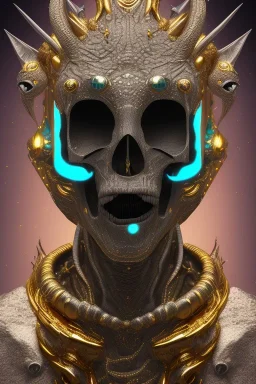 black male African alien, cracks in the voodoo head, wicked, diamond eyes, crown, blood, 8k, finely detailed, photo realistic, leopard style turquoise skull head gold dragon space alien rain skeleton gold tooth silver crown silver space suit spaceships