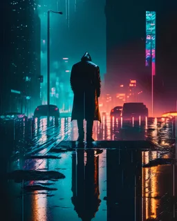 A striking and dramatic image of a lone figure standing in the rain, with a city skyline in the background and neon lights reflecting off the wet pavement, casting deep shadows and highlighting the figure's silhouette.