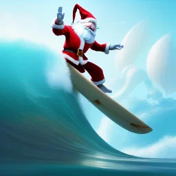 Santa standing of surfboard surfing a big wave, empty hands, beach, character design by cory loftis, fenghua zhong, ryohei hase, ismail inceoglu and ruan jia. unreal engine 5, artistic lighting, highly detailed, photorealistic, fantasy