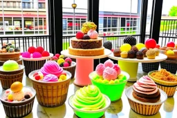 desserts in sunshine: ice cream sundaes, cakes, chocolates, macarons, floss candy, cookies, biscuits