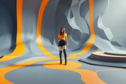 beautiful full body with long boots lady in surreal stage made of random size polygonal recursive 3d objects with contrasting color strips ,in clothing similar to environment full body posing to camera,infinite world of strange