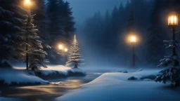 fir forrest scenery, heavy mist,,creek,forest,christmas lanterns,tree,,,night,snow,fir tree,high-quality photograph,photorealistic, shot on Hasselblad h6d-400c, zeiss prime lens, bokeh like f/0.8, tilt-shift lens 8k, high detail, smooth render, unreal engine 5, cinema 4d, HDR, dust effect, vivid colors,night