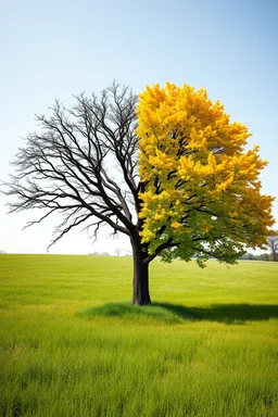 generate an image of a large tree in the middle of a field. one half of the tree represents evil. it is dark, out of focus and dead with no leaves or growth and the grass at its base appears dead. the other half of the tree represents good. it is bright, vibrant, healthy, full of leaves. the background should be a normal, average outdoor field. the theme is polarity and good vs. evil